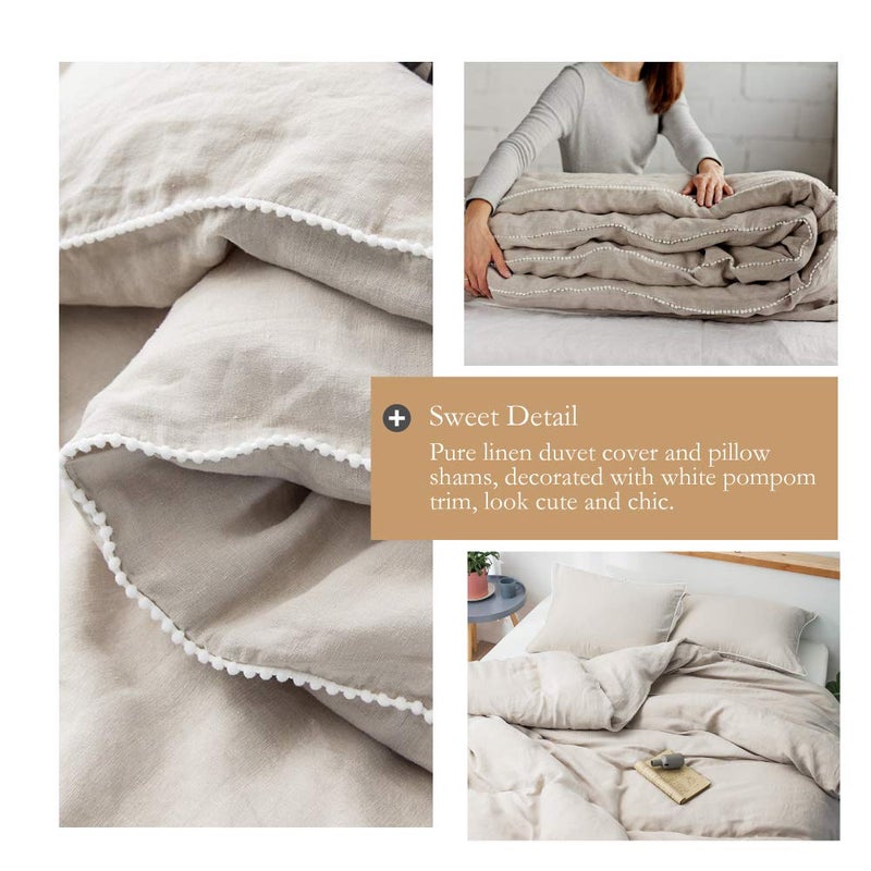 Simple&Opulence 100% Washed Linen Duvet Cover with Pom Pom Trim, Natural French Flax Bedding Set Soft Breathable,1 Farmhouse Boho Comforter Cover and 2 Pillow Shams(King,Natural Linen) - Image 2
